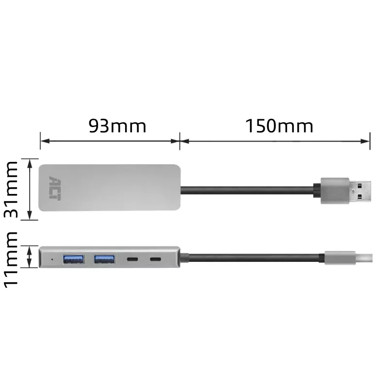 USB šakotuvas ACT AC6125 3.2 Gen 1 Type-A 5000 Mbit/s Pilka