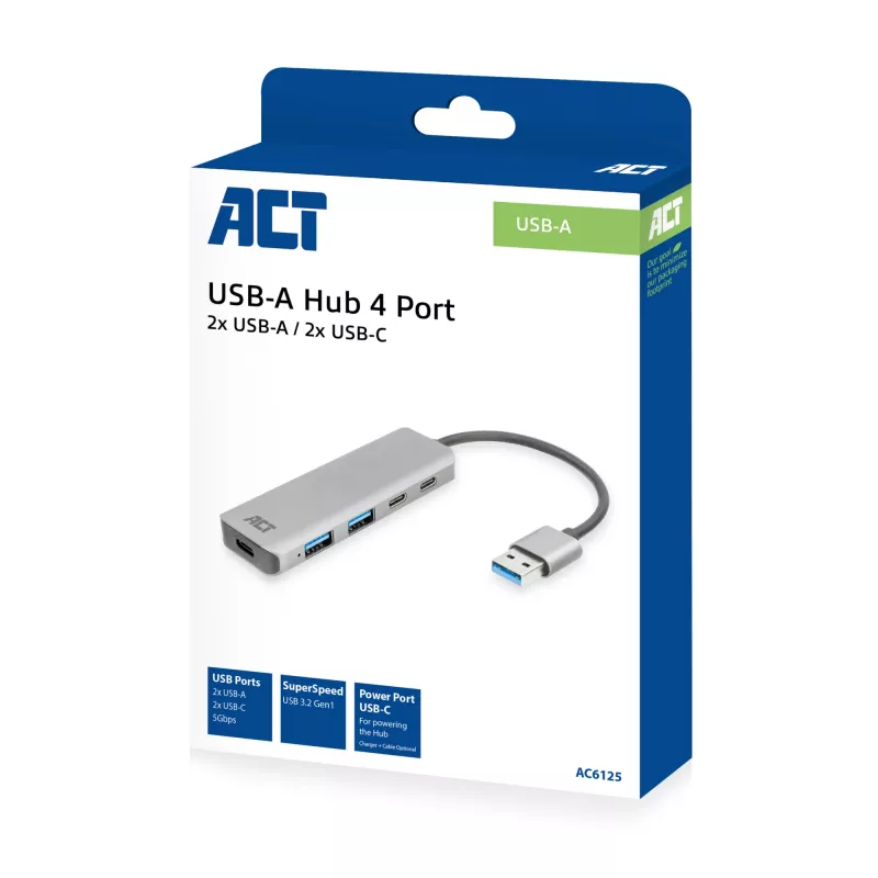 USB šakotuvas ACT AC6125 3.2 Gen 1 Type-A 5000 Mbit/s Pilka