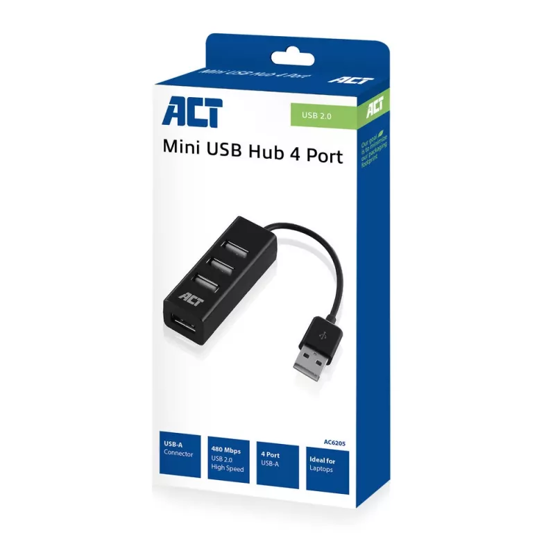 USB šakotuvas ACT AC6205 4 prievadai USB 2.0 480 Mbit/s Juodas 0,12 m