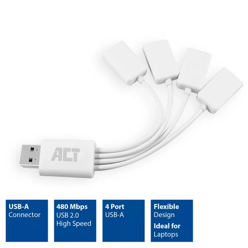 ACT AC6210 USB 3.2 Gen 1 4 prievadų USB-A lankstus USB šakotuvas, baltas, 480 Mbit/s
