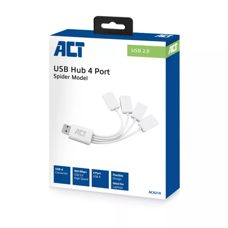 ACT AC6210 USB 3.2 Gen 1 4 prievadų USB-A lankstus USB šakotuvas, baltas, 480 Mbit/s