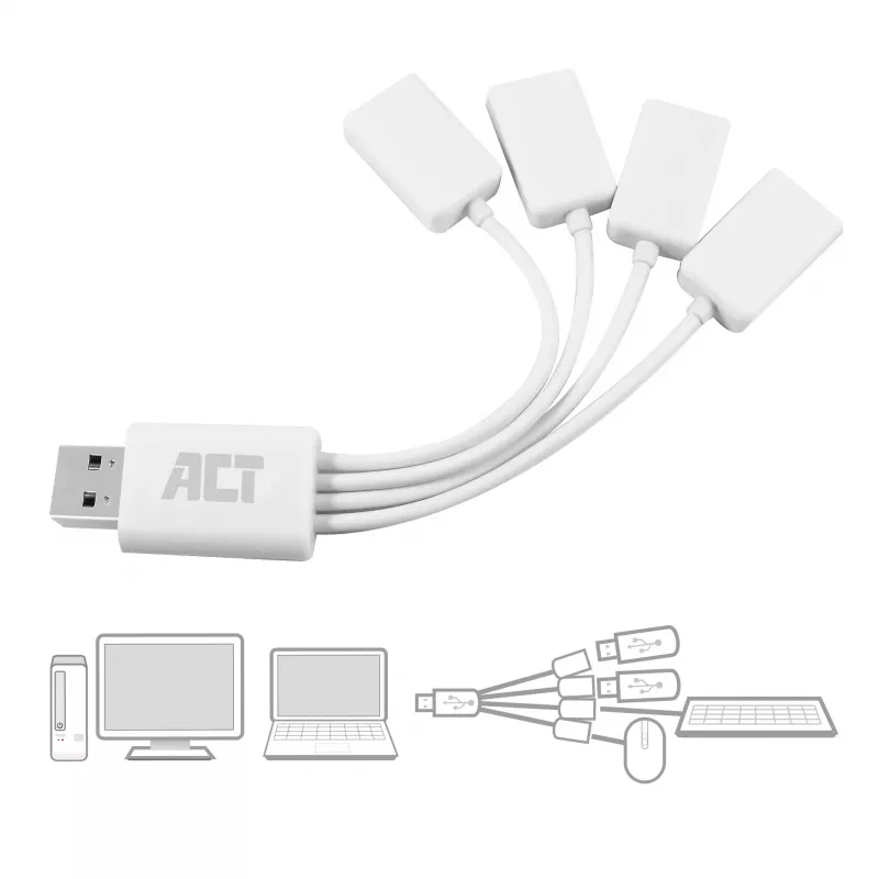 ACT AC6210 USB 3.2 Gen 1 4 prievadų USB-A lankstus USB šakotuvas, baltas, 480 Mbit/s