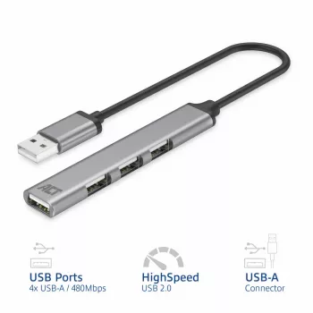 ACT AC6225 USB 2.0 centrinis įrenginys 480 Mbit/s pilkas aliuminis