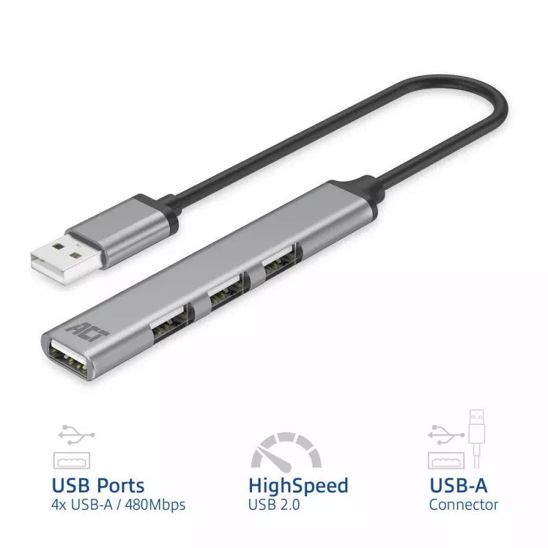ACT AC6225 USB 2.0 centrinis įrenginys 480 Mbit/s pilkas aliuminis