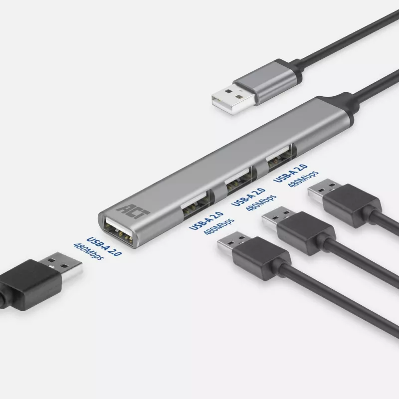 ACT AC6225 USB 2.0 centrinis įrenginys 480 Mbit/s pilkas aliuminis