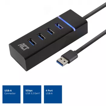 ACT AC6300 USB 3.2 Gen 1 4 prievadų USB šakotuvas (USB Type-A, 5000 Mbit/s, juodas)