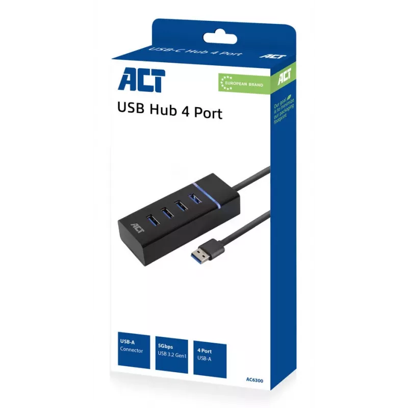 ACT AC6300 USB 3.2 Gen 1 4 prievadų USB šakotuvas (USB Type-A, 5000 Mbit/s, juodas)