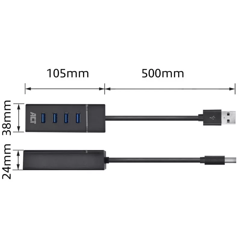 ACT AC6300 USB 3.2 Gen 1 4 prievadų USB šakotuvas (USB Type-A, 5000 Mbit/s, juodas)