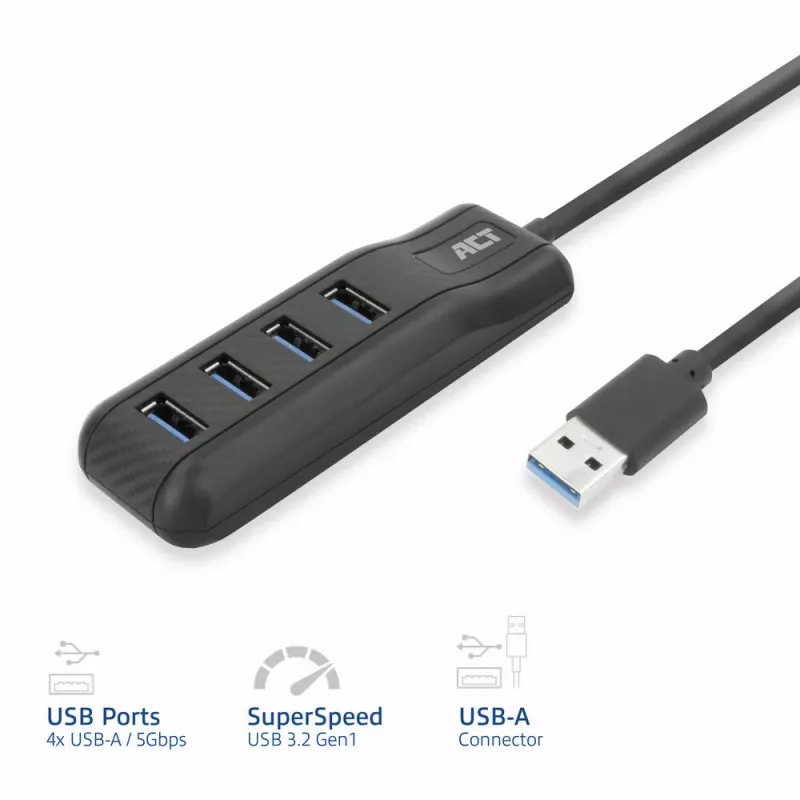 ACT AC6320 USB 3.2 Gen 1 Type-A šakotuvas 4 prievadai 5 Gbps juodas