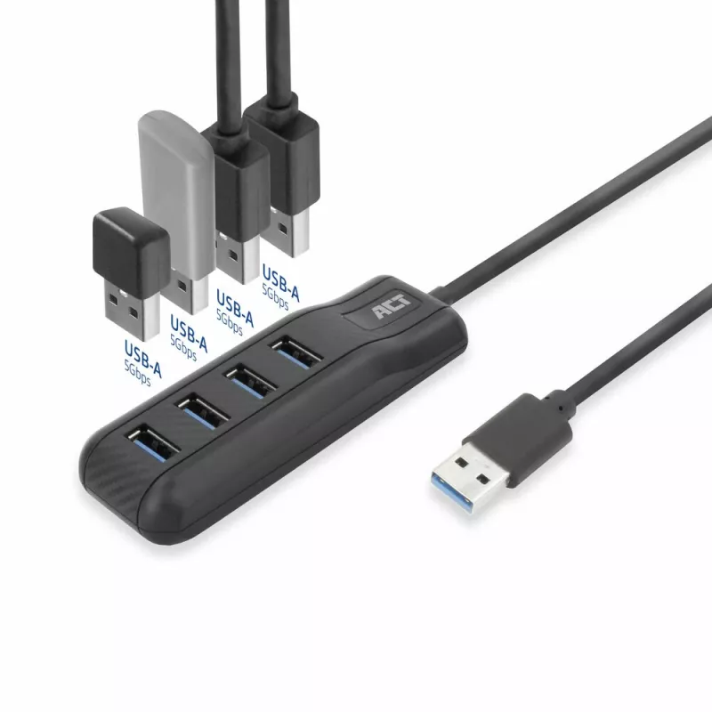 ACT AC6320 USB 3.2 Gen 1 Type-A šakotuvas 4 prievadai 5 Gbps juodas