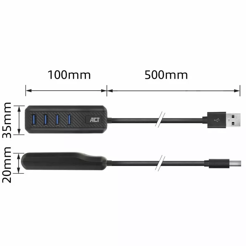 ACT AC6320 USB 3.2 Gen 1 Type-A šakotuvas 4 prievadai 5 Gbps juodas