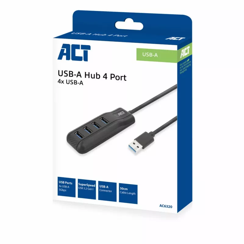 ACT AC6320 USB 3.2 Gen 1 Type-A šakotuvas 4 prievadai 5 Gbps juodas