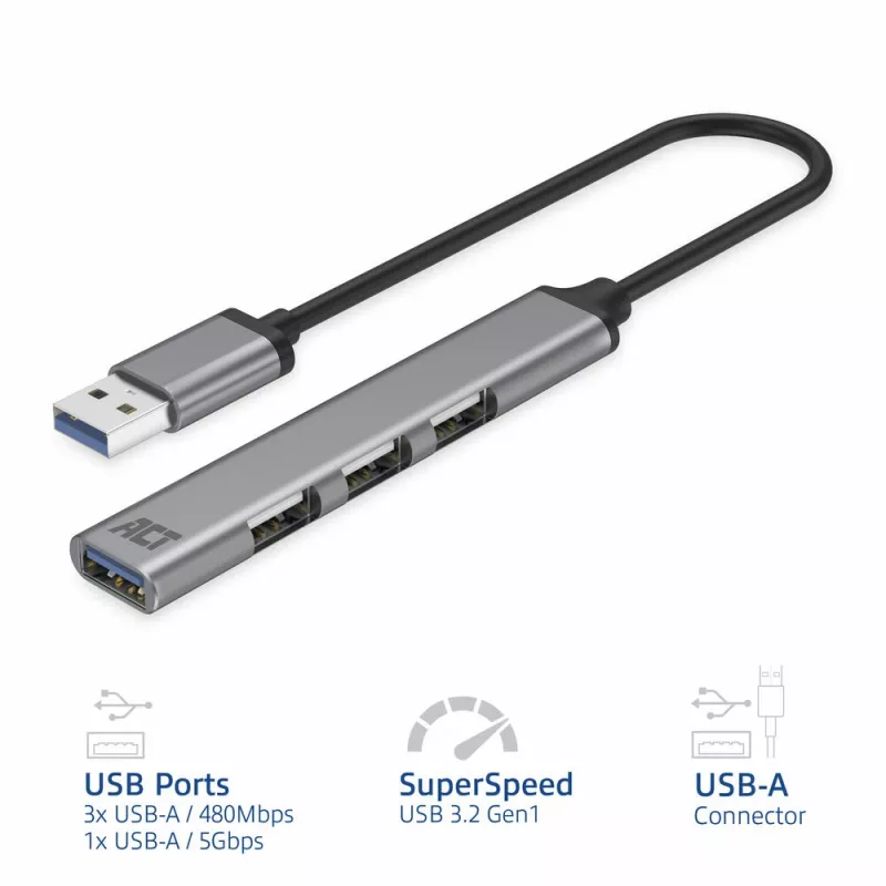 ACT AC6325 USB 3.2 Gen 1 Type-A USB šakotuvas 5000 Mbit/s Pilka
