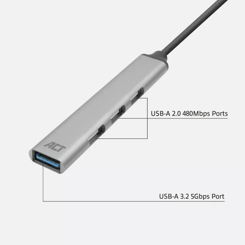 ACT AC6325 USB 3.2 Gen 1 Type-A USB šakotuvas 5000 Mbit/s Pilka