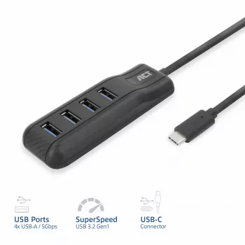 ACT AC6420 USB-C 4 prievadų USB-A šakotuvas USB 3.2 Gen 1 5 Gbps juodas