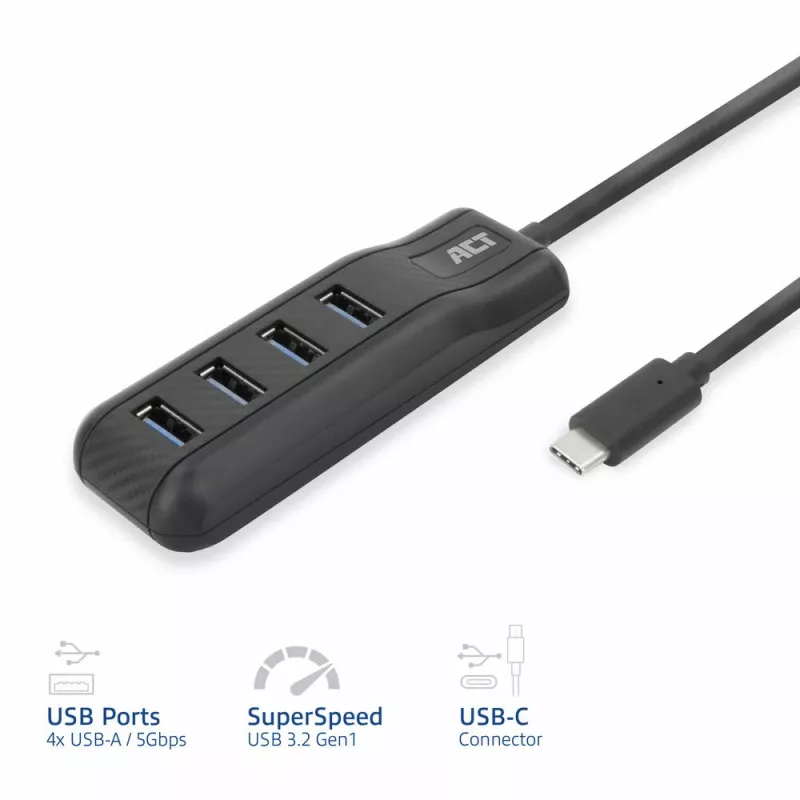 ACT AC6420 USB-C 4 prievadų USB-A šakotuvas USB 3.2 Gen 1 5 Gbps juodas