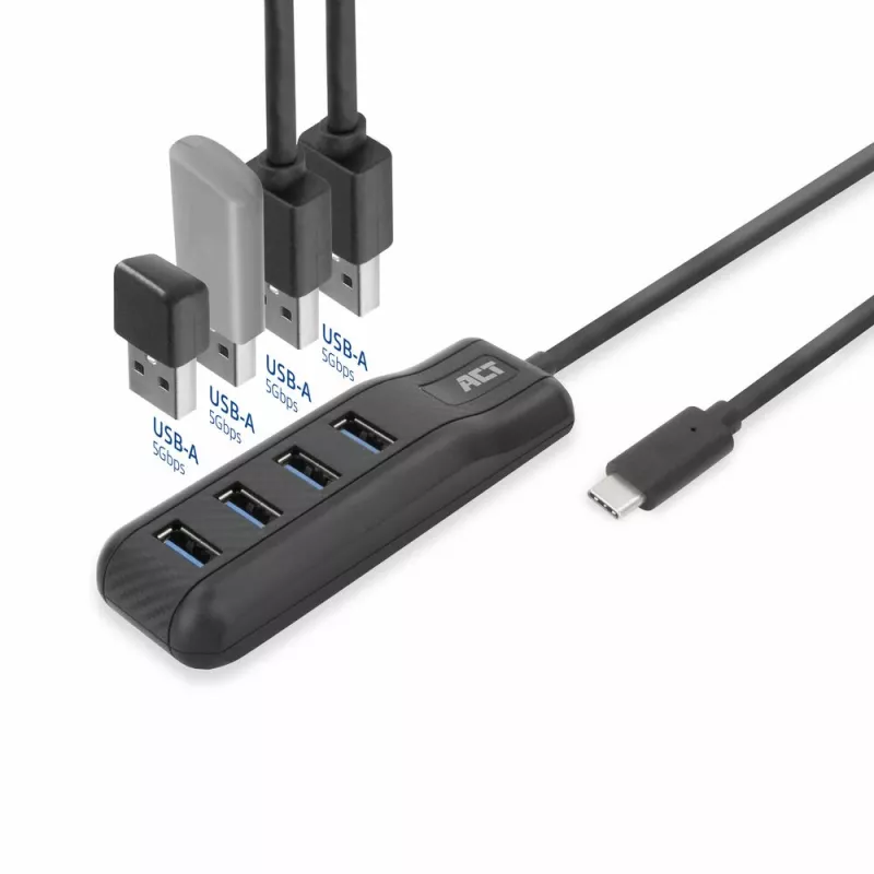 ACT AC6420 USB-C 4 prievadų USB-A šakotuvas USB 3.2 Gen 1 5 Gbps juodas