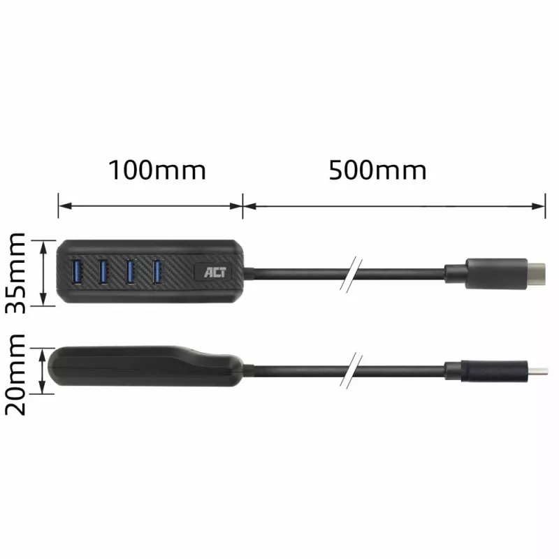 ACT AC6420 USB-C 4 prievadų USB-A šakotuvas USB 3.2 Gen 1 5 Gbps juodas