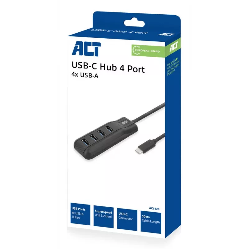 ACT AC6420 USB-C 4 prievadų USB-A šakotuvas USB 3.2 Gen 1 5 Gbps juodas