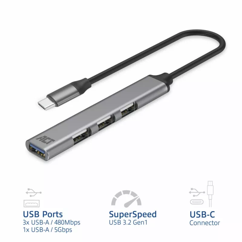 USB šakotuvas ACT AC6425 Type-C 5000 Mbit/s aliuminis pilkas