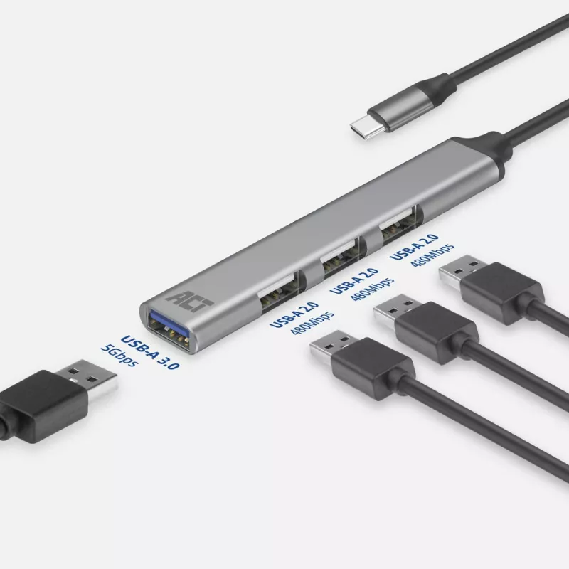 USB šakotuvas ACT AC6425 Type-C 5000 Mbit/s aliuminis pilkas