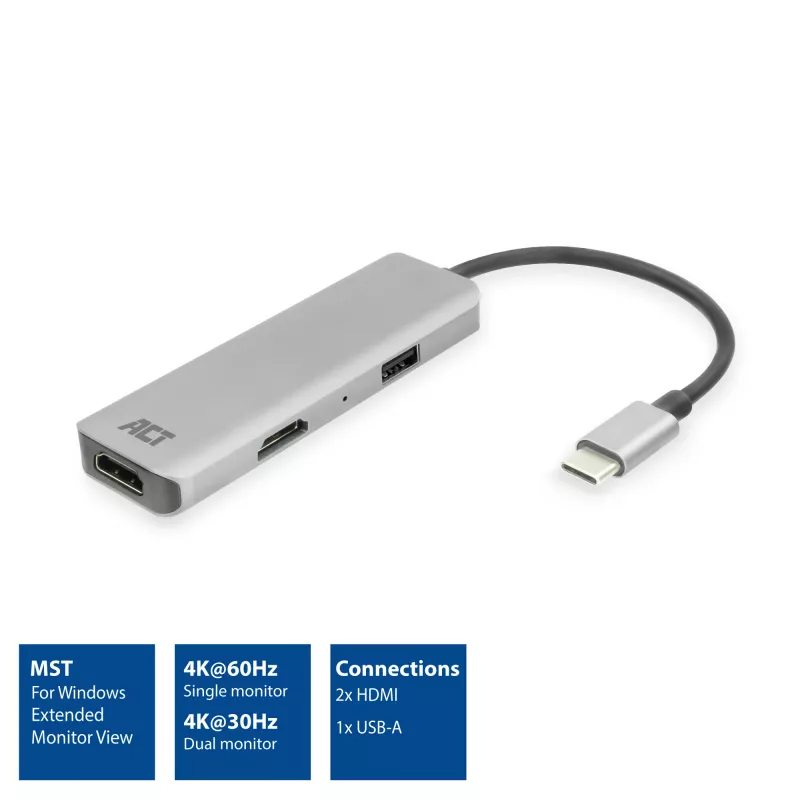 ACT USB-C 4K multiport adapteris 2 HDMI monitorams, USB-A duomenų prievadas
