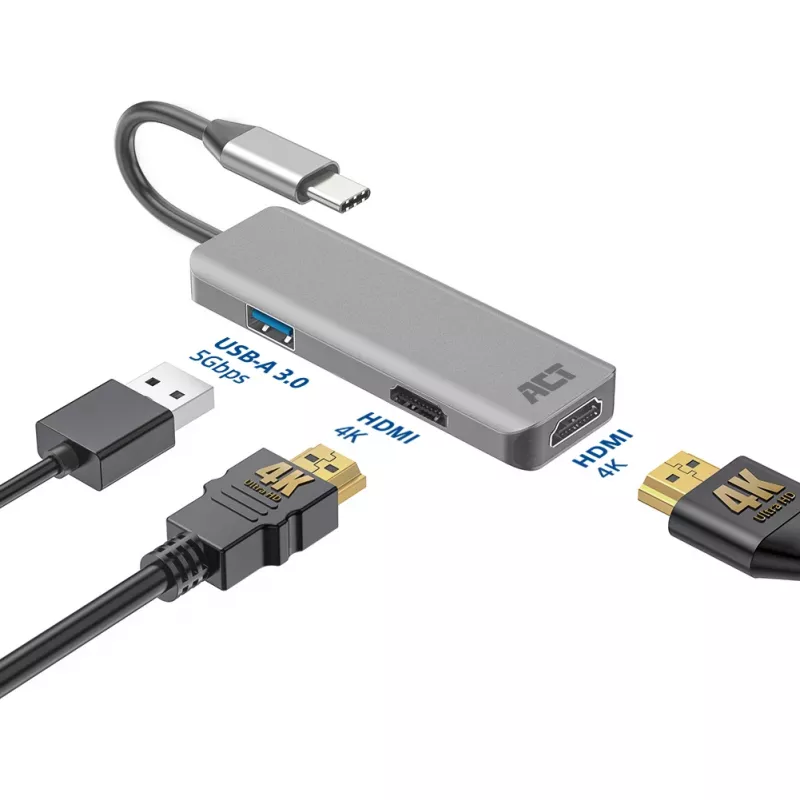 ACT USB-C 4K multiport adapteris 2 HDMI monitorams, USB-A duomenų prievadas