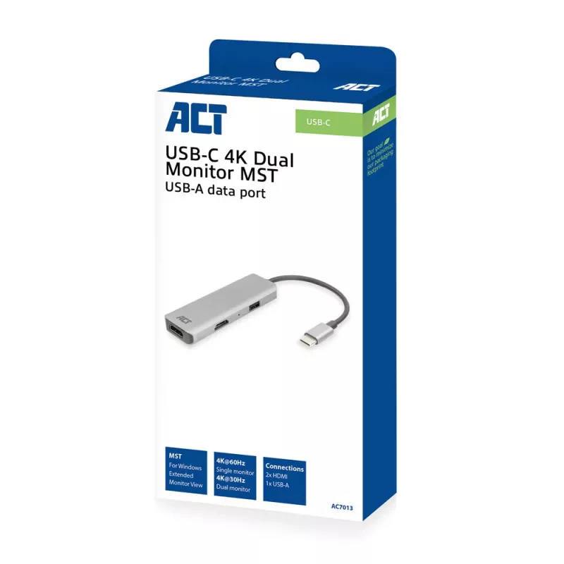 ACT USB-C 4K multiport adapteris 2 HDMI monitorams, USB-A duomenų prievadas