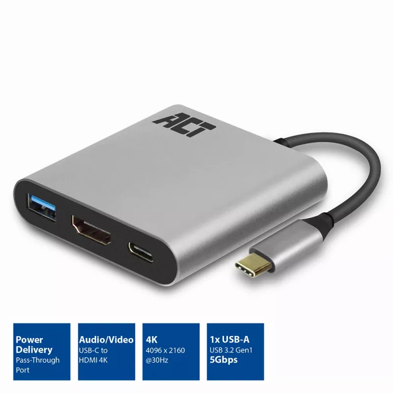ACT USB-C multiport adapteris 1x HDMI, 1x USB-A, PD praėjimas