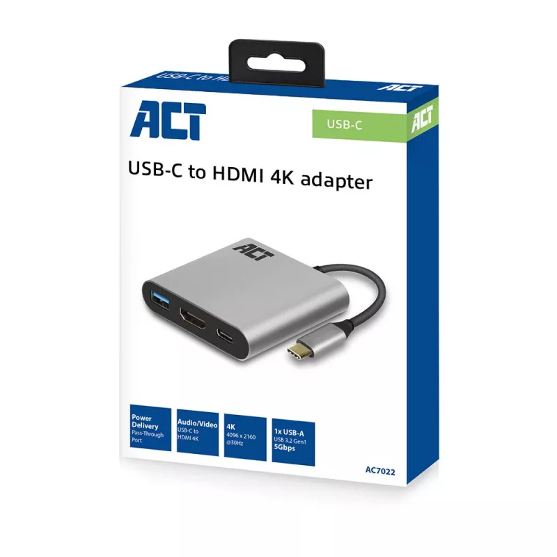 ACT USB-C multiport adapteris 1x HDMI, 1x USB-A, PD praėjimas