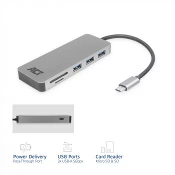 ACT USB-C 3.0 šakotuvas su 3x USB-A, kortelių skaitytuvu ir PD praėjimu