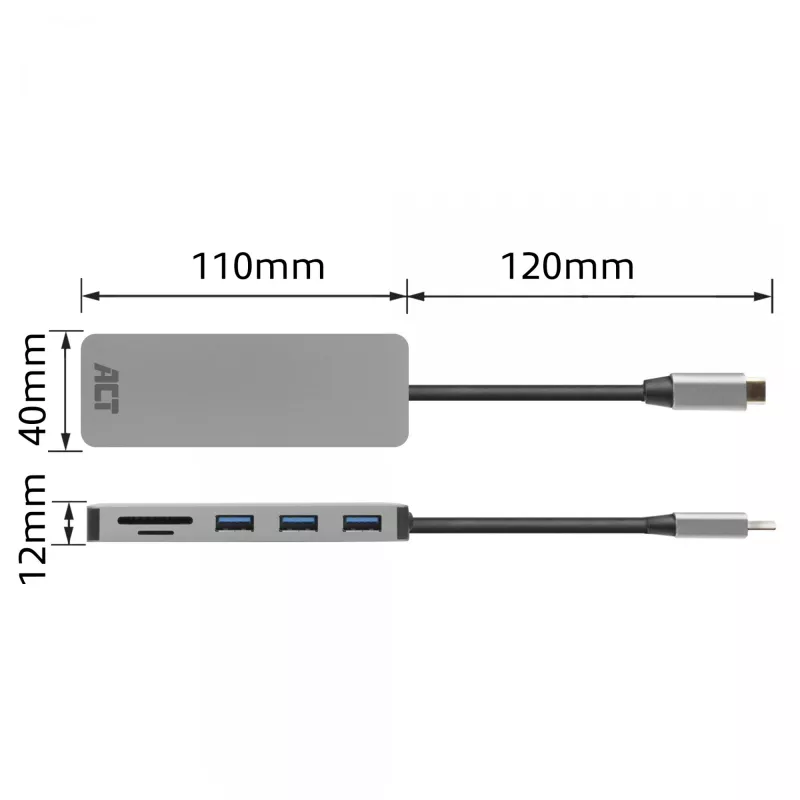 ACT USB-C 3.0 šakotuvas su 3x USB-A, kortelių skaitytuvu ir PD praėjimu