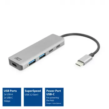 ACT AC7072 USB 3.2 Gen 1 Type-C šakotuvas 5000 Mbit/s juoda pilka