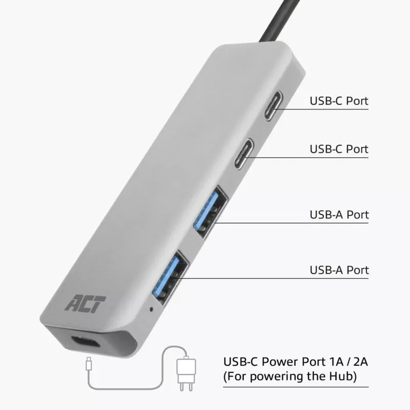 ACT AC7072 USB 3.2 Gen 1 Type-C šakotuvas 5000 Mbit/s juoda pilka