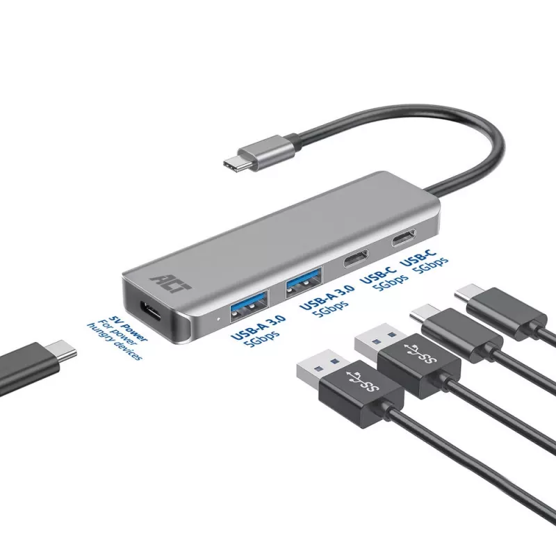 ACT AC7072 USB 3.2 Gen 1 Type-C šakotuvas 5000 Mbit/s juoda pilka