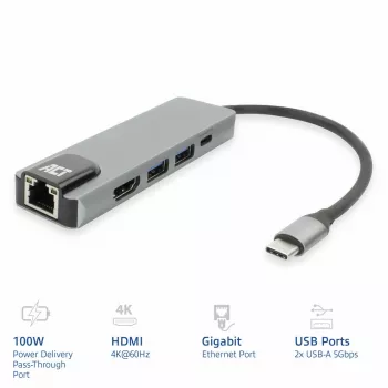 ACT USB-C 4K dokavimo stotelė 1 HDMI monitoriui, Ethernet, USB-A, PD perdavimas