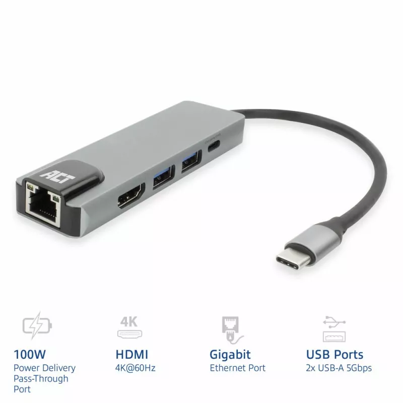 ACT USB-C 4K dokavimo stotelė 1 HDMI monitoriui, Ethernet, USB-A, PD perdavimas