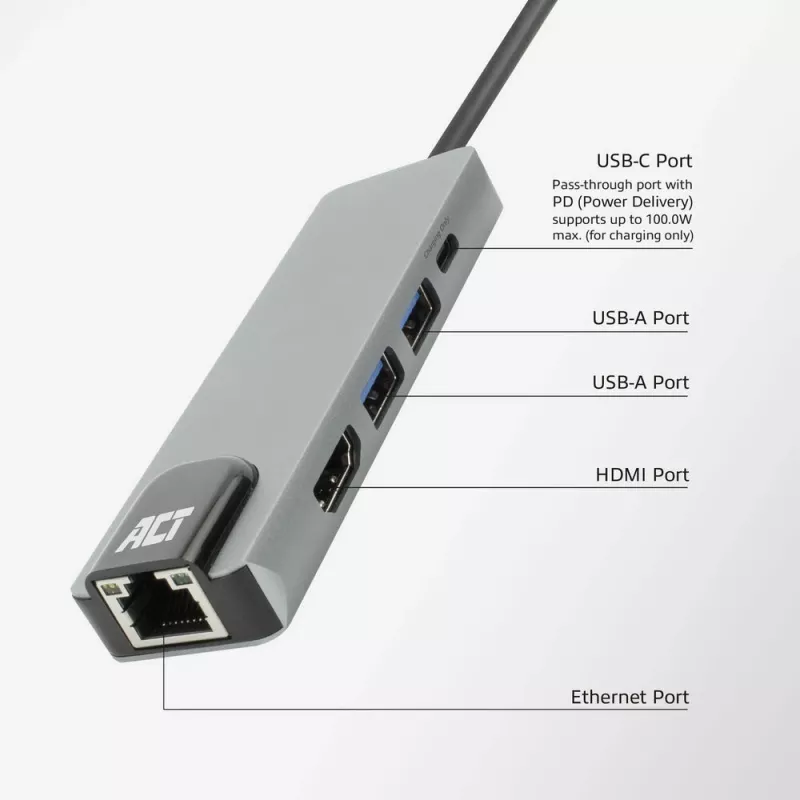 ACT USB-C 4K dokavimo stotelė 1 HDMI monitoriui, Ethernet, USB-A, PD perdavimas