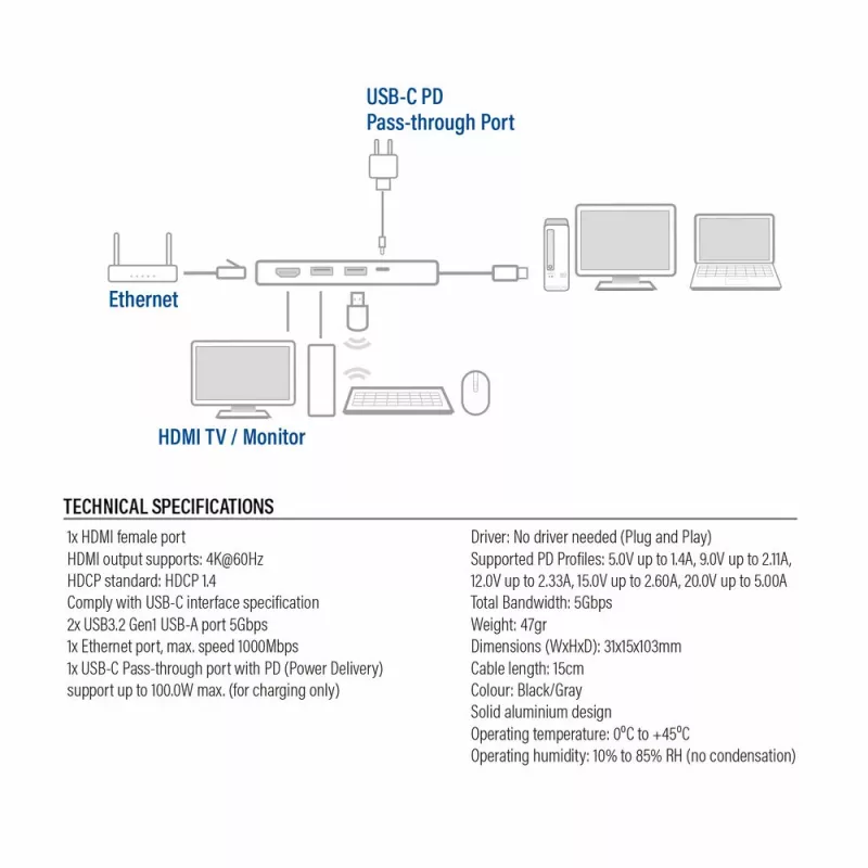 ACT USB-C 4K dokavimo stotelė 1 HDMI monitoriui, Ethernet, USB-A, PD perdavimas