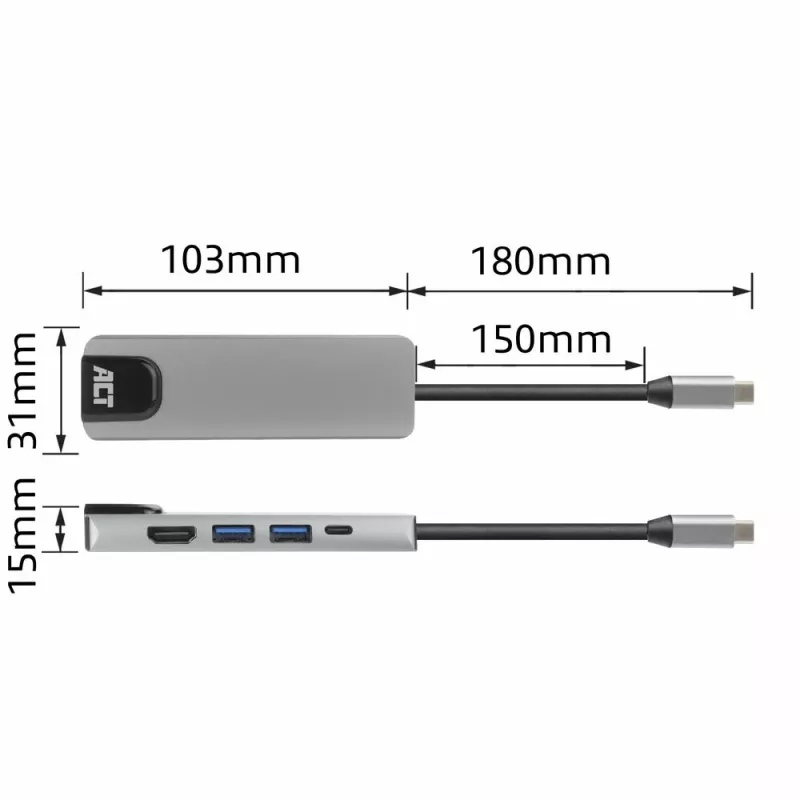 ACT USB-C 4K dokavimo stotelė 1 HDMI monitoriui, Ethernet, USB-A, PD perdavimas