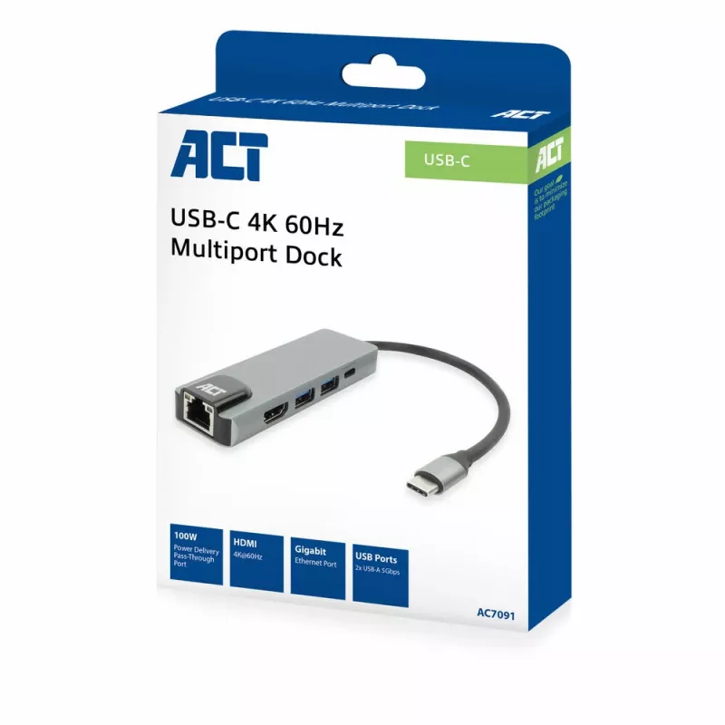 ACT USB-C 4K dokavimo stotelė 1 HDMI monitoriui, Ethernet, USB-A, PD perdavimas