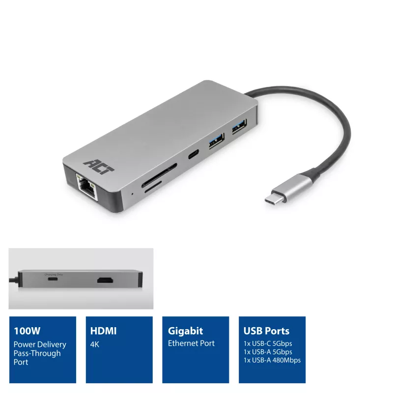 ACT AC7092 USB-C 4K HDMI Ethernet USB-A kortelių skaitytuvas – 7 viename dokavimo stotelė