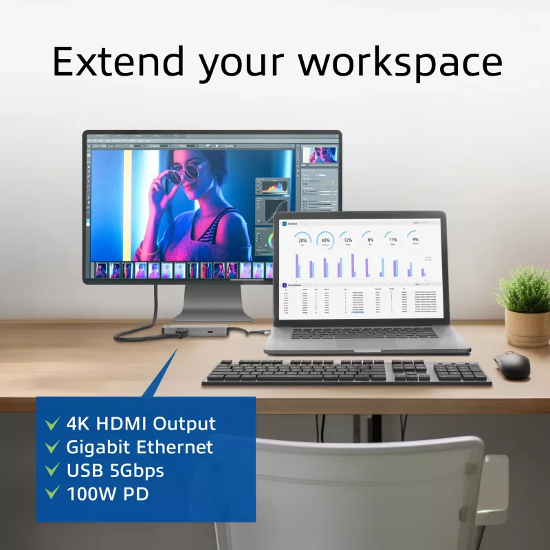 ACT AC7092 USB-C 4K HDMI Ethernet USB-A kortelių skaitytuvas – 7 viename dokavimo stotelė