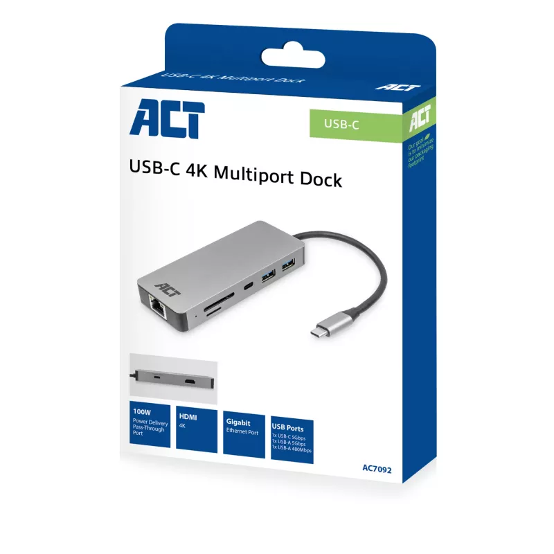 ACT AC7092 USB-C 4K HDMI Ethernet USB-A kortelių skaitytuvas – 7 viename dokavimo stotelė