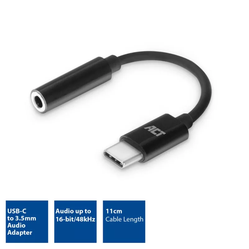 Garso adapteris ACT AC7380 0.11 m 3,5 mm lizdas USB-C kištukas juodas