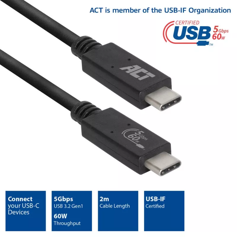 ACT USB 3.0 laidas USB-C USB-IF sertifikuotas 2 m 5 Gbit/s