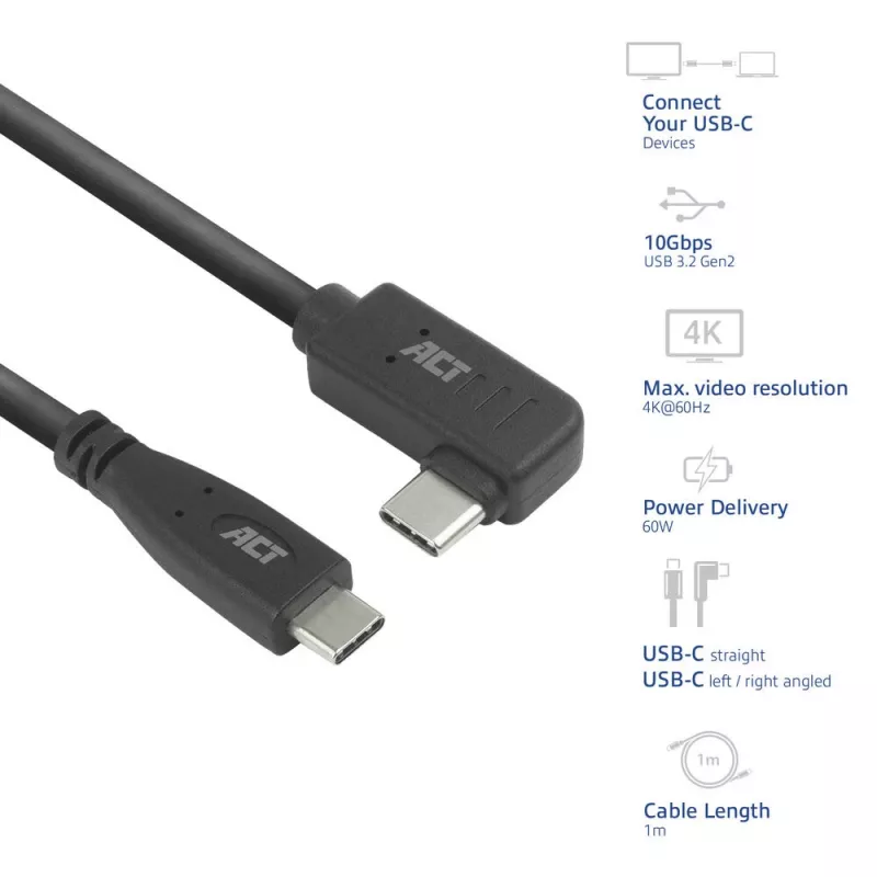 ACT USB 3.0 kampinis USB-C laidas 1 m 5 Gbit/s juodas