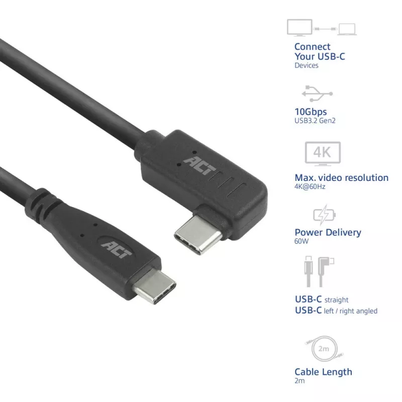 ACT USB 3.0 kampinis USB-C laidas, 2 m, 5 Gbit/s, juodas
