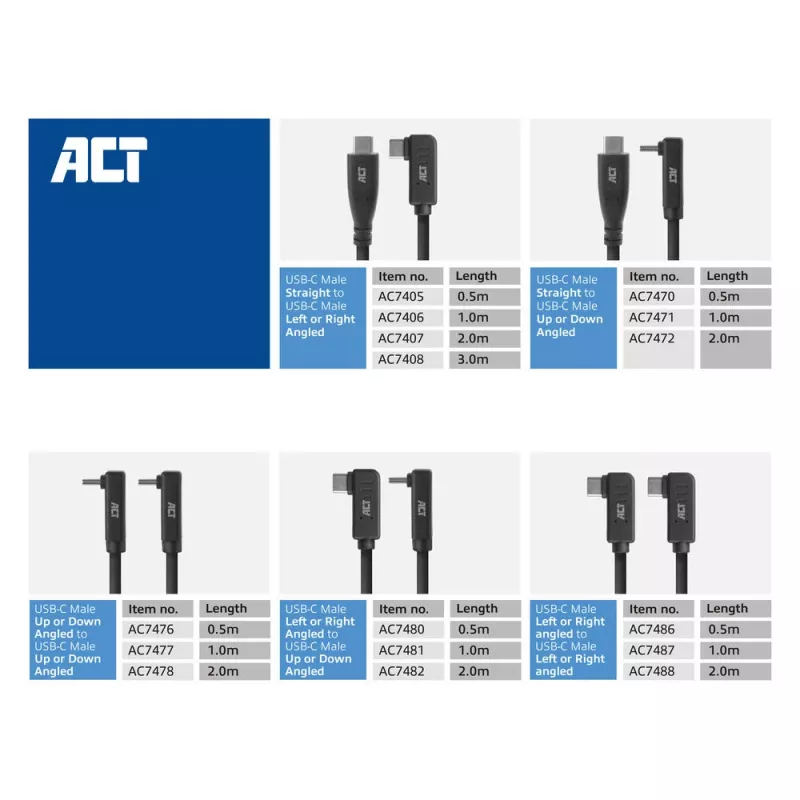 ACT USB 3.0 kampinis USB-C laidas, 2 m, 5 Gbit/s, juodas