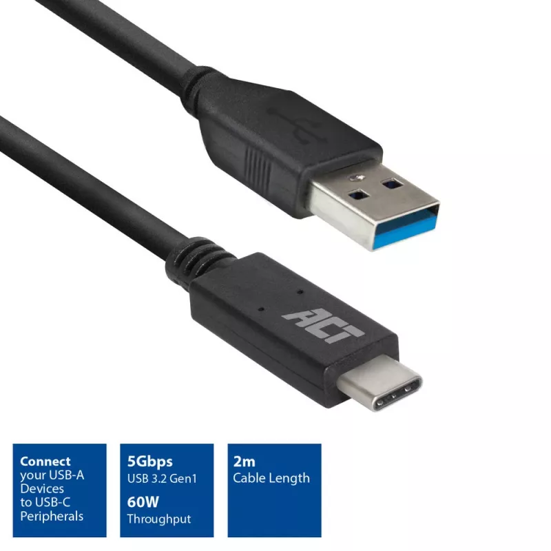 ACT USB 3.0 laidas USB-A į USB-C 2 m 5 Gbit/s Juoda